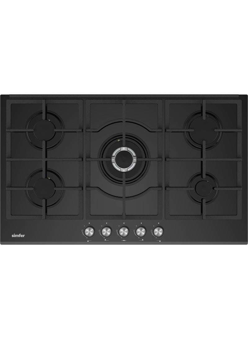 Simfer Built-in Gas Hob 90 cm  – Black Glass – 5 Sabaf Burners – Front Controls – Auto Ignition – Full Safety – Strong Cast-Iron Pan Supports - H9505HGSSP - Image 1